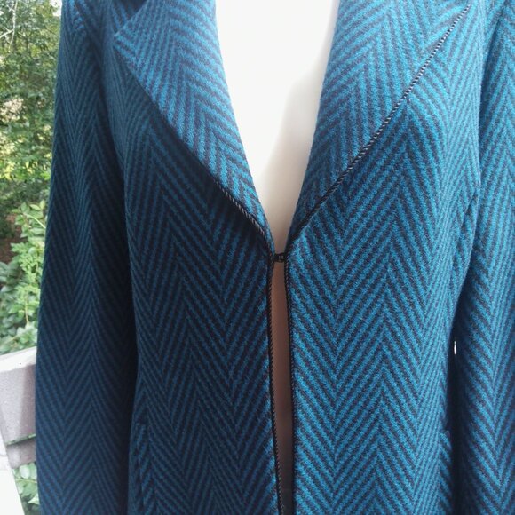 Wool Chevron Longline Trench Duster Blazer Jacket Women Blue Valerie Stevens 8 - Picture 5 of 11